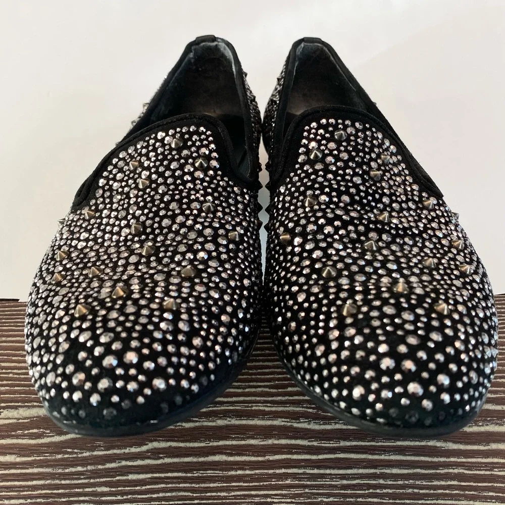 Stuart Weitzman Slipbead Studded Stud Loafer Smoking Slipper Black Silver Sz 8